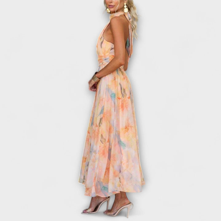 Women's Halter Neck Watercolor Print Cocktail Party Dress Maxi
