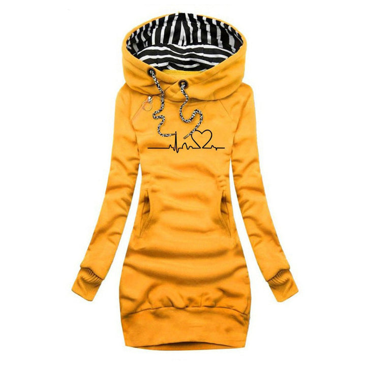 Women's Heartbeat Print Hooded Long Sleeve Dress Sweatshirt - Yellow