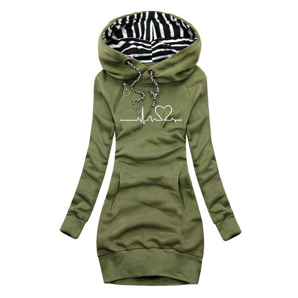 Women's Heartbeat Print Hooded Long Sleeve Dress Sweatshirt - Green