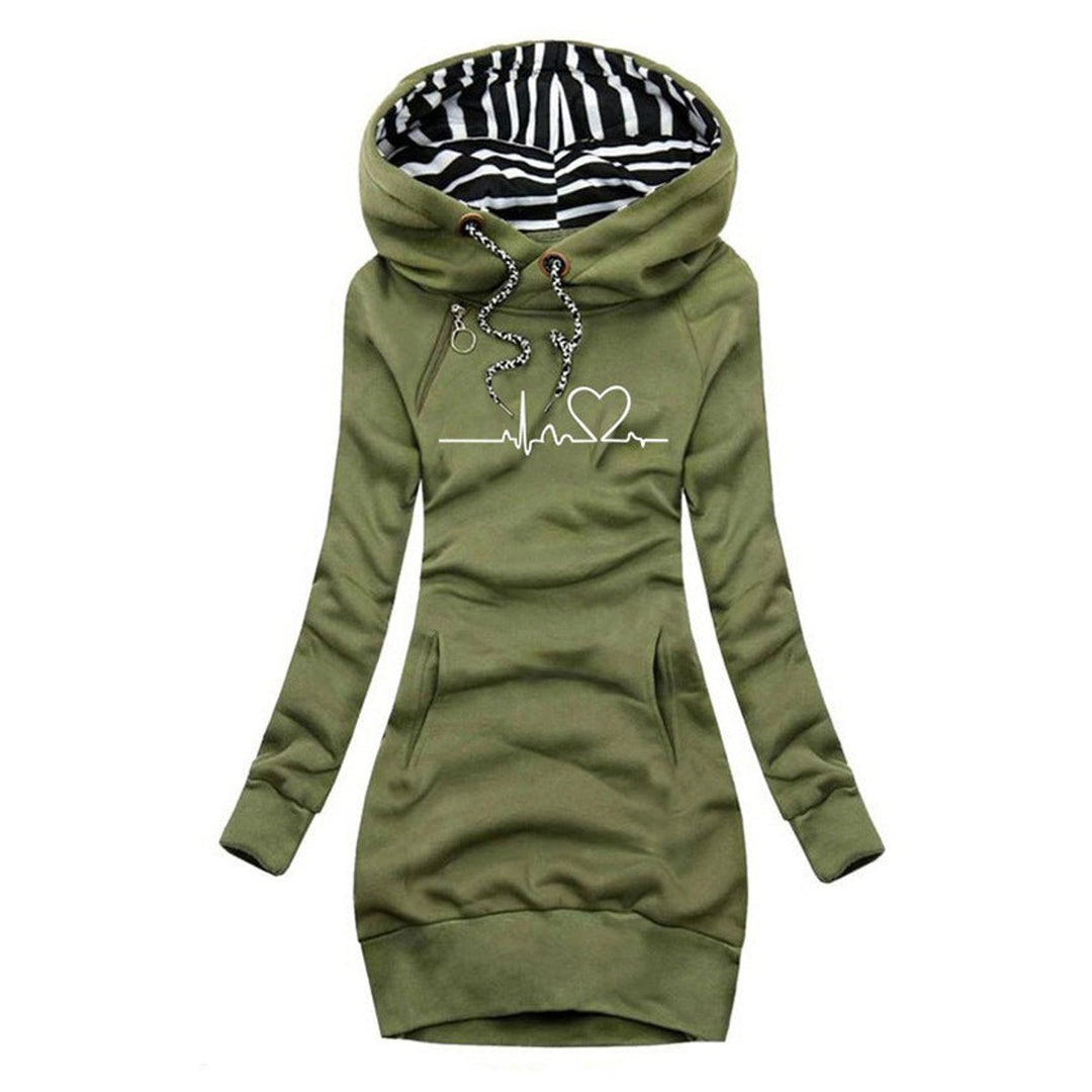 Women's Heartbeat Print Hooded Long Sleeve Dress Sweatshirt - Green