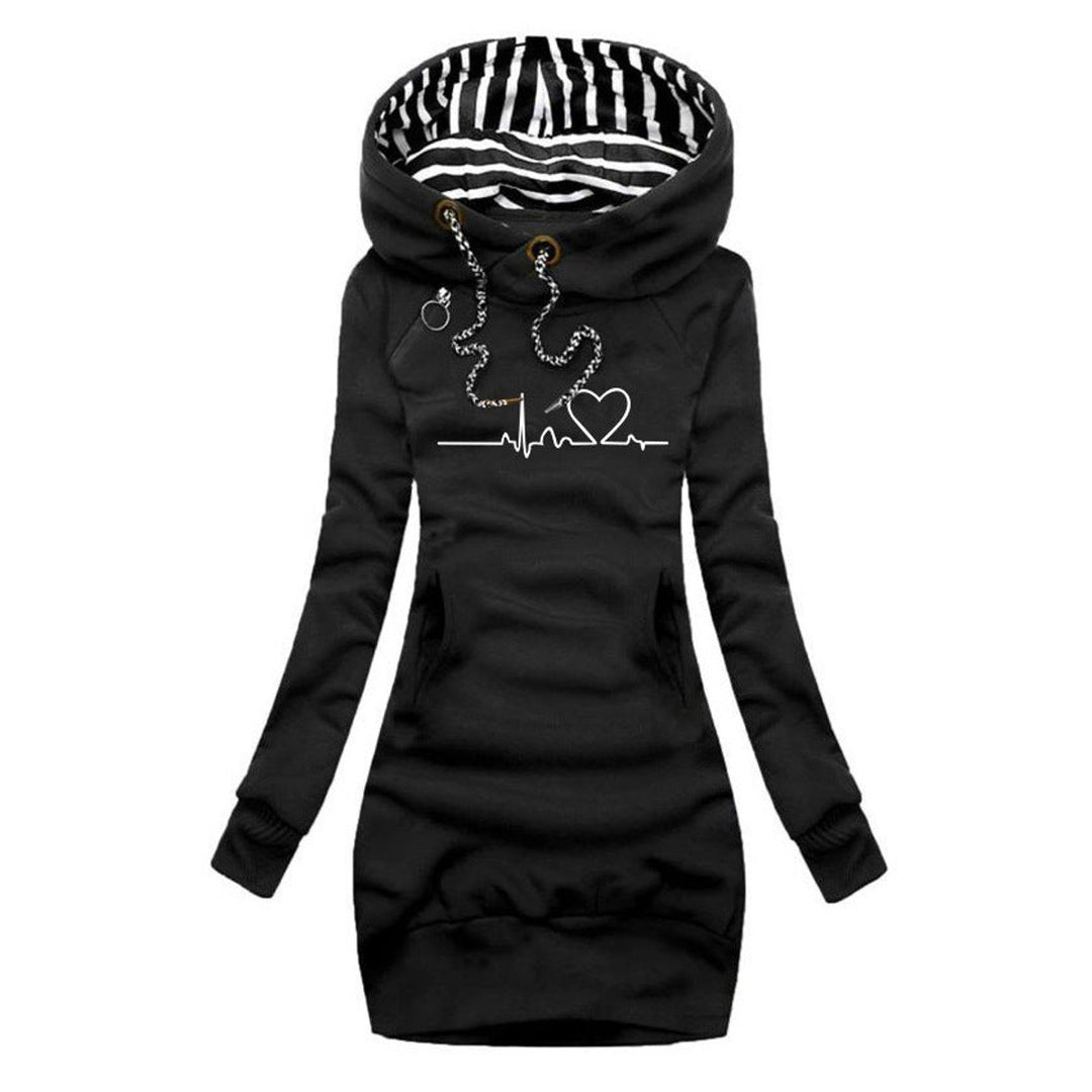 Women's Heartbeat Print Hooded Long Sleeve Dress Sweatshirt - Black