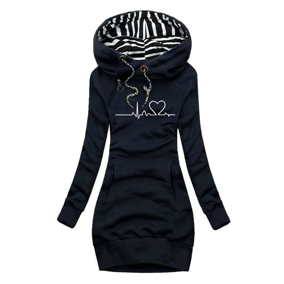 Women's Heartbeat Print Hooded Long Sleeve Dress Sweatshirt - Blue