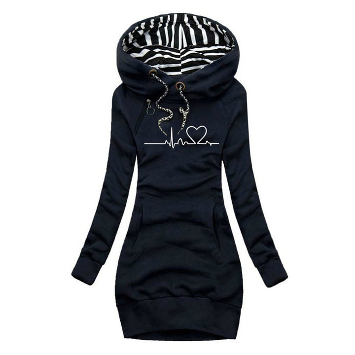 Women's Heartbeat Print Hooded Long Sleeve Dress Sweatshirt - Blue