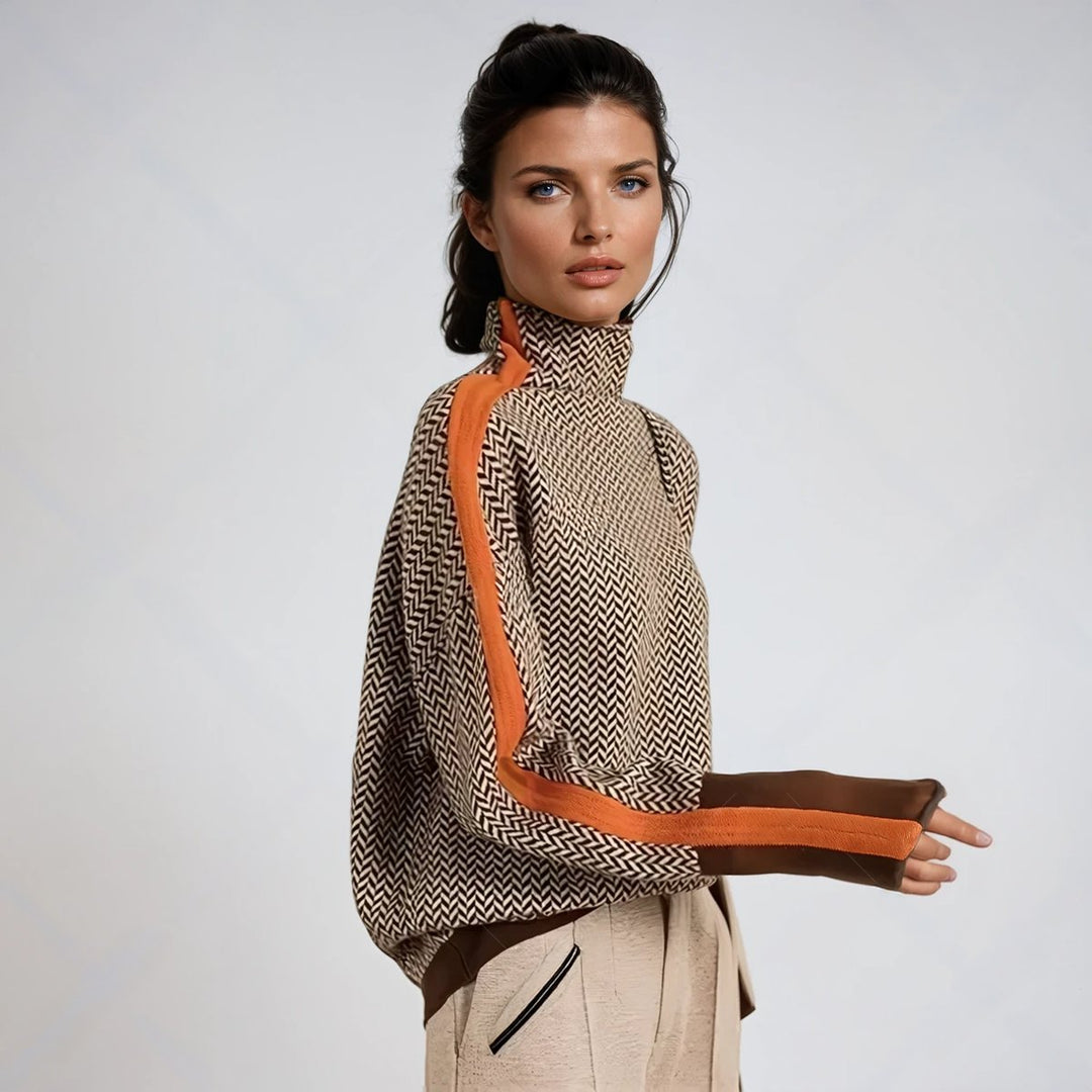 Women's Herringbone Oversized Turtleneck Sweater Contrast Stripe - Orange