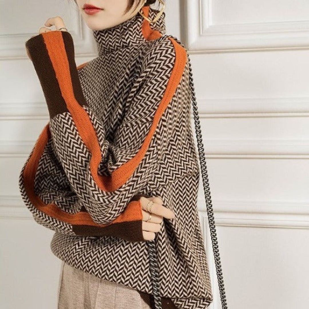 Women's Herringbone Oversized Turtleneck Sweater Contrast Stripe