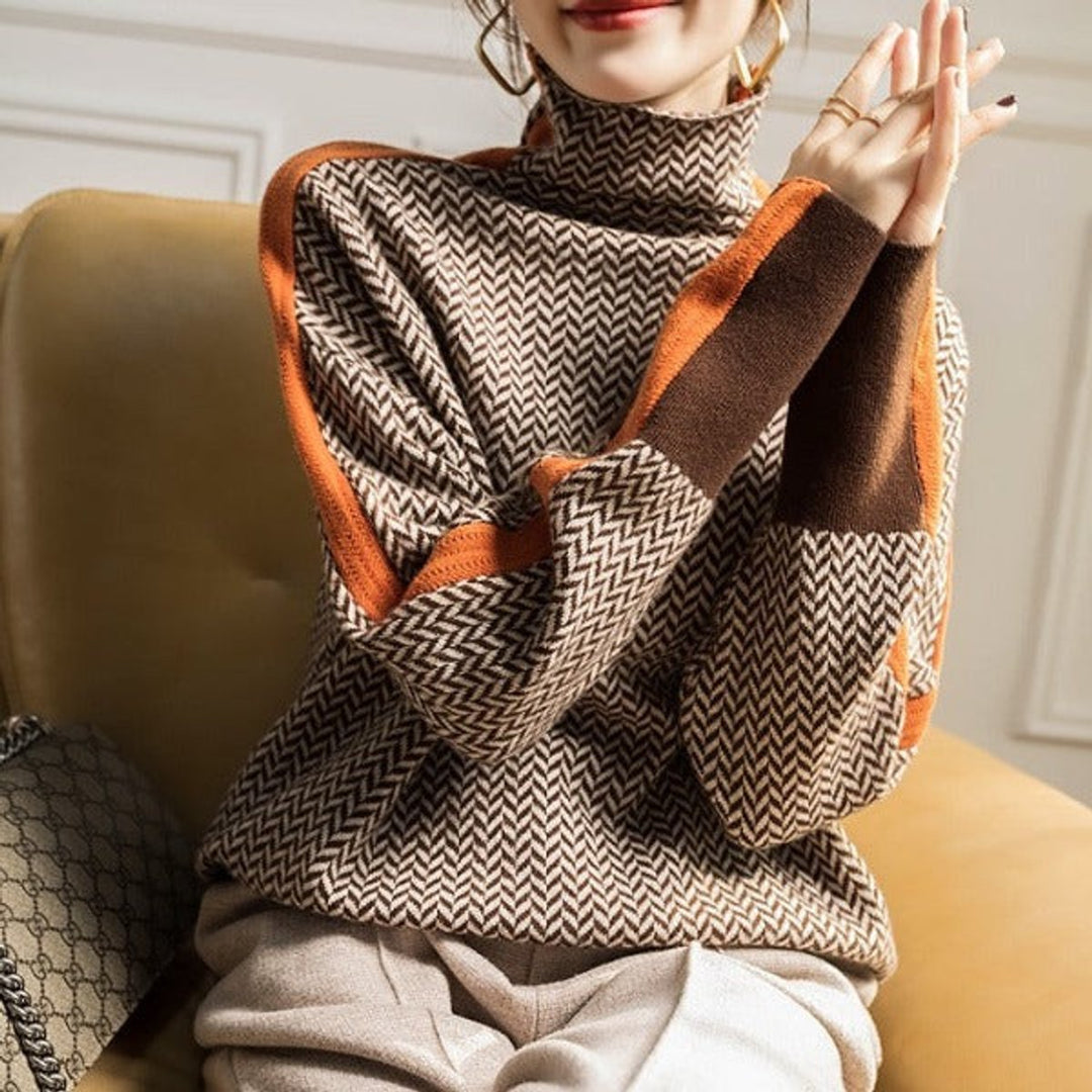 Women's Herringbone Oversized Turtleneck Sweater Contrast Stripe