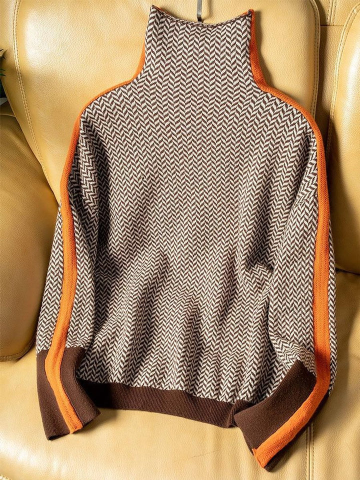 Women's Herringbone Oversized Turtleneck Sweater Contrast Stripe