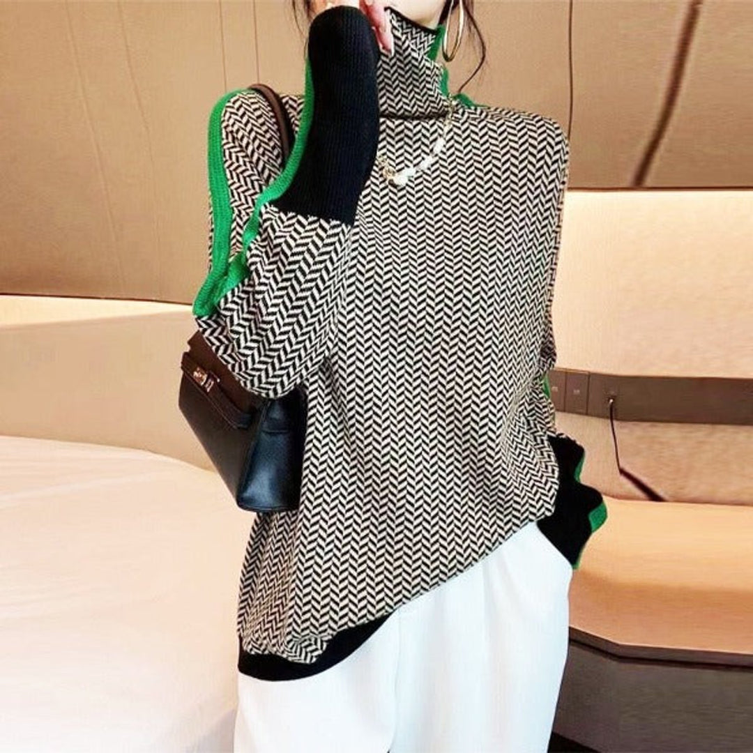 Women's Herringbone Oversized Turtleneck Sweater Contrast Stripe - Green