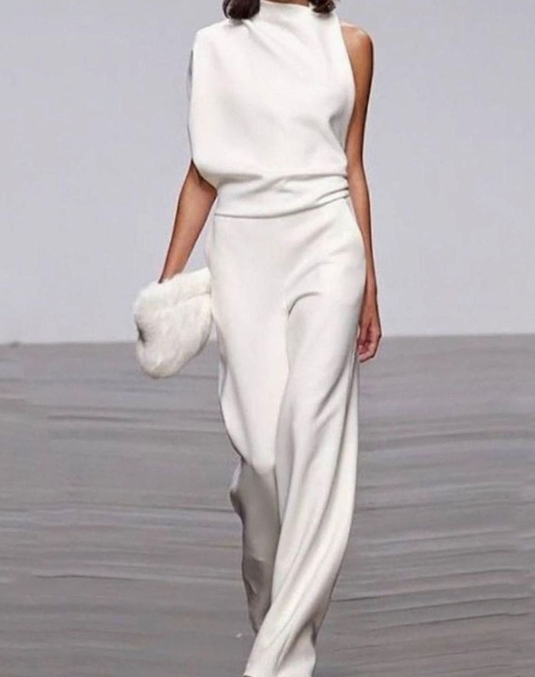Women's High Neck Asymmetric One-Shoulder Jumpsuit Wide-Leg Formal - White