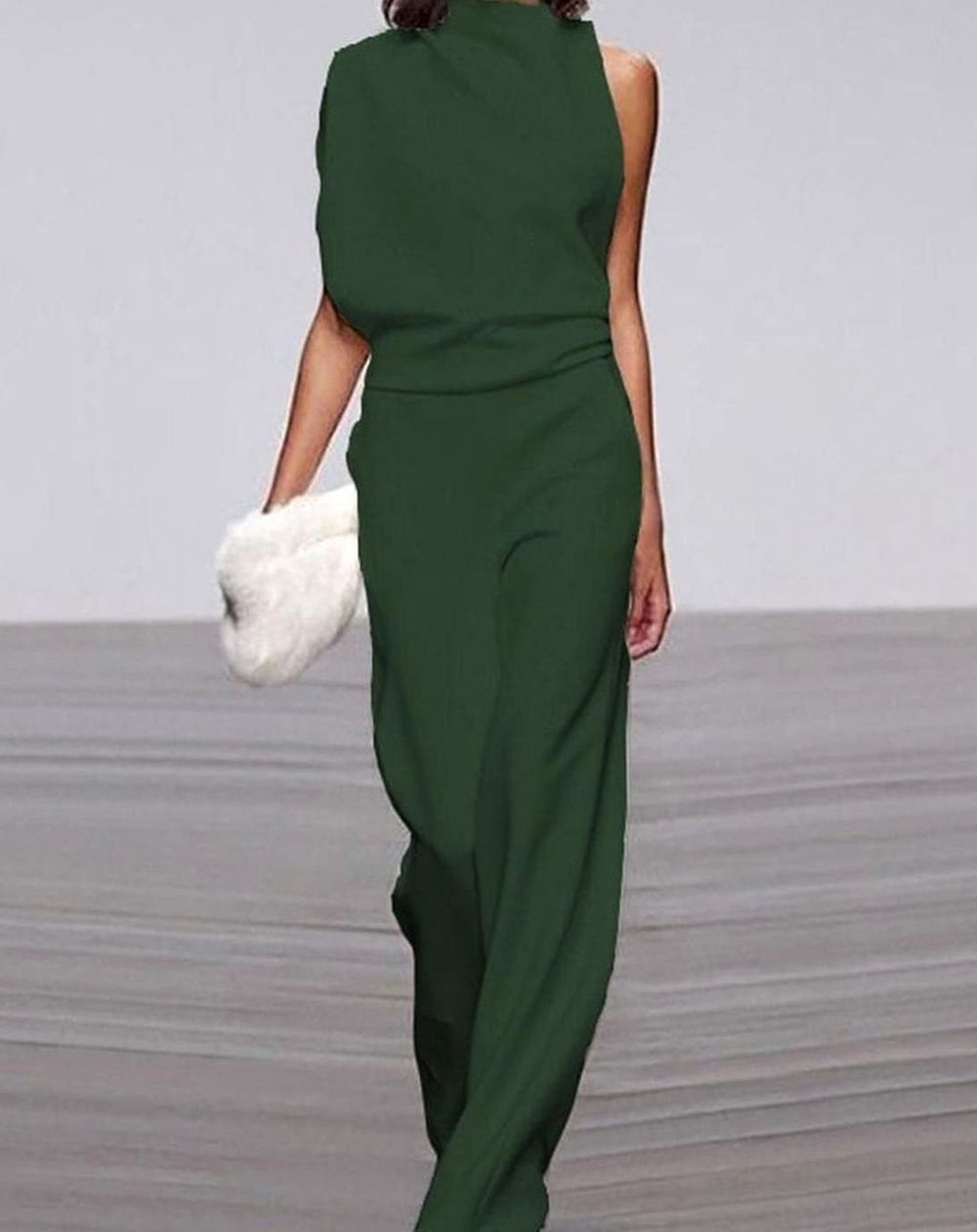 Women's High Neck Asymmetric One-Shoulder Jumpsuit Wide-Leg Formal - Green