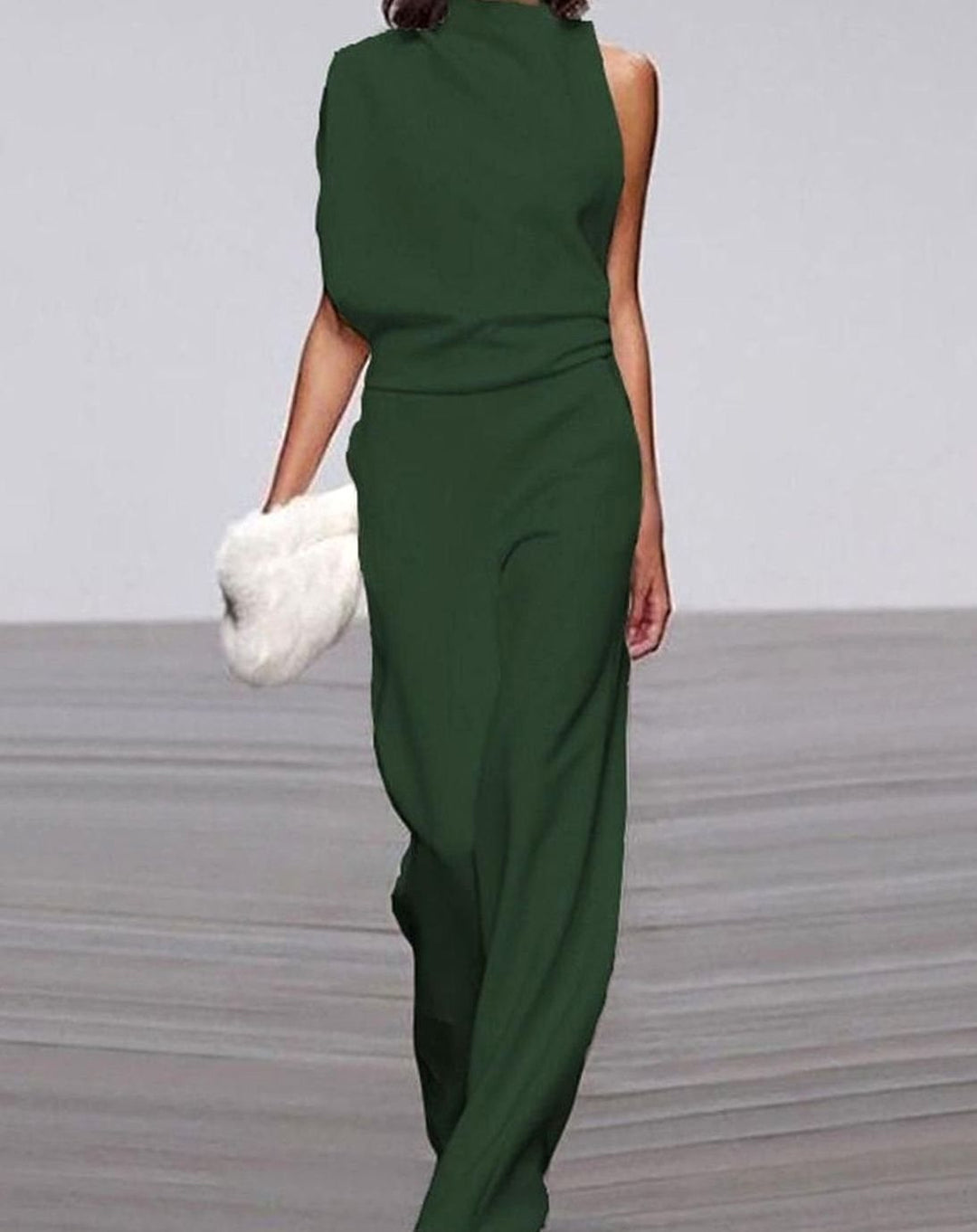 Women's High Neck Asymmetric One-Shoulder Jumpsuit Wide-Leg Formal - Green