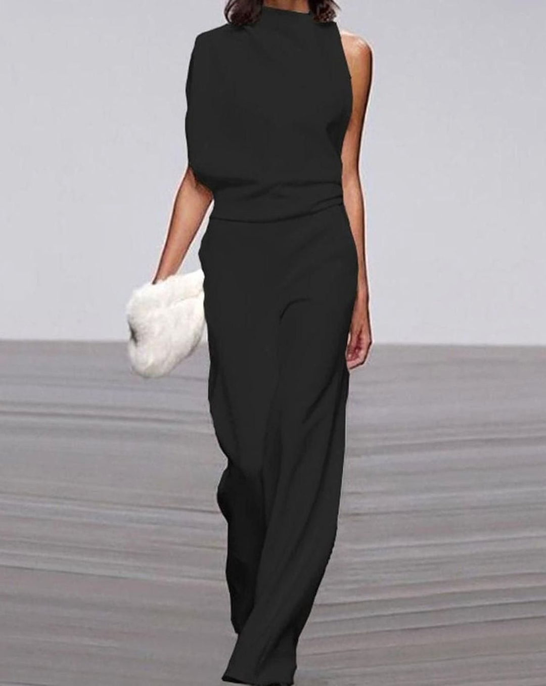 Women's High Neck Asymmetric One-Shoulder Jumpsuit Wide-Leg Formal - Black