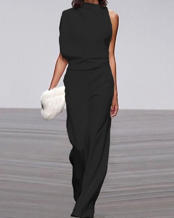 Women's High Neck Asymmetric One-Shoulder Jumpsuit Wide-Leg Formal - Black