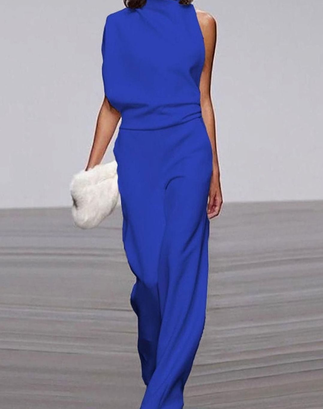 Women's High Neck Asymmetric One-Shoulder Jumpsuit Wide-Leg Formal - Blue