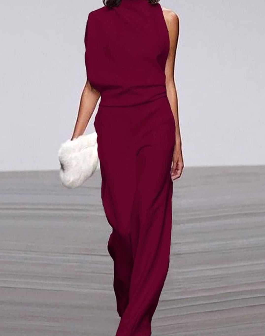 Women's High Neck Asymmetric One-Shoulder Jumpsuit Wide-Leg Formal - Dark Red