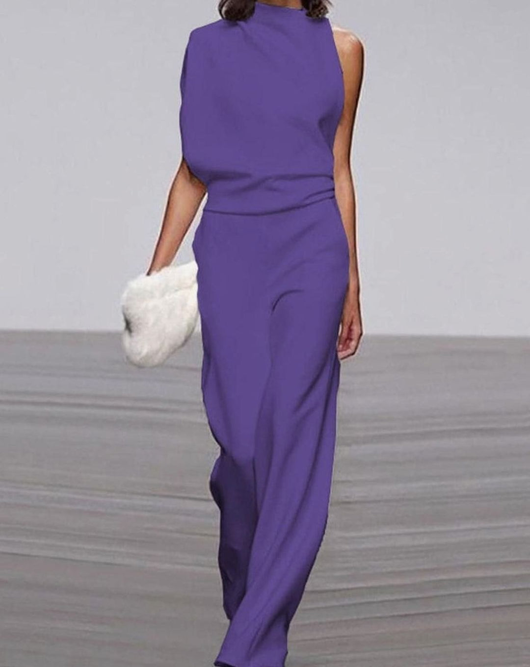 Women's High Neck Asymmetric One-Shoulder Jumpsuit Wide-Leg Formal - Purple