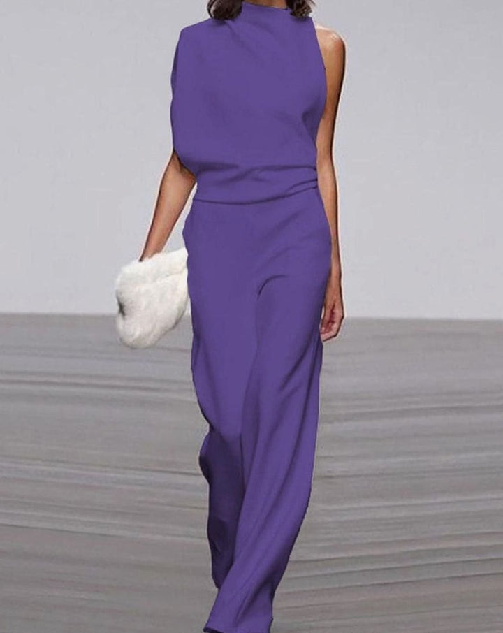 Women's High Neck Asymmetric One-Shoulder Jumpsuit Wide-Leg Formal - Purple
