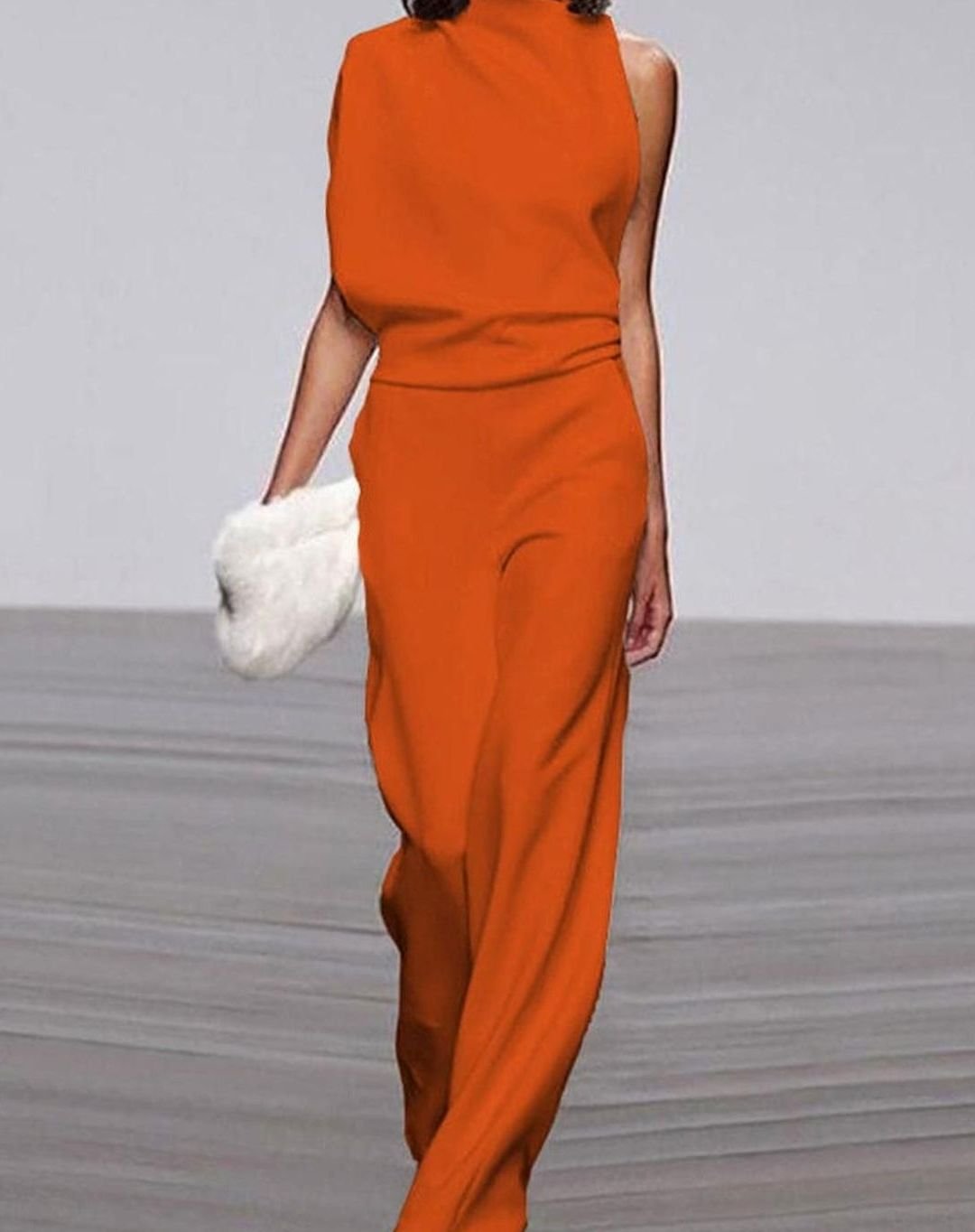 Women's High Neck Asymmetric One-Shoulder Jumpsuit Wide-Leg Formal - Orange