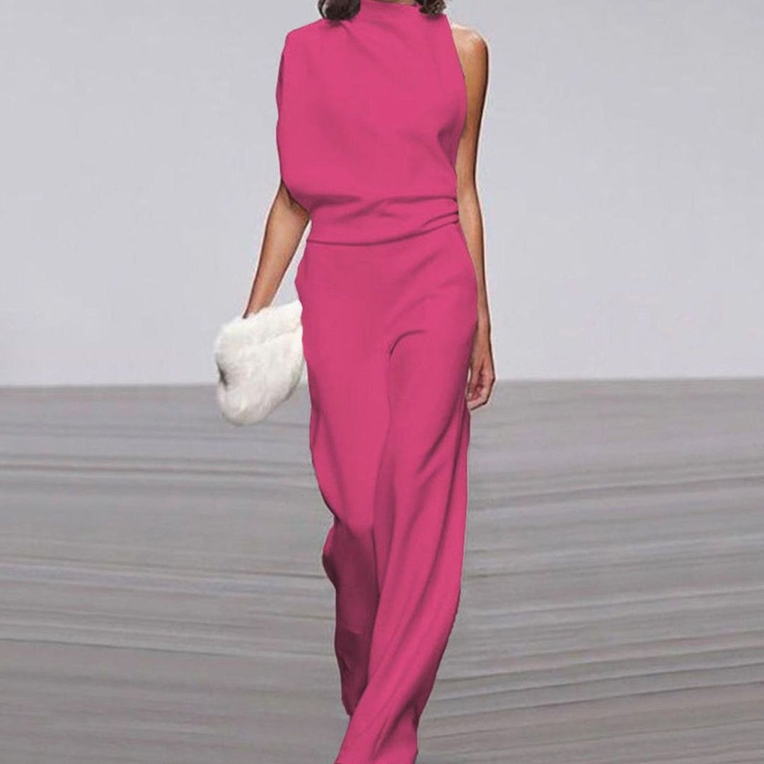 Women's High Neck Asymmetric One-Shoulder Jumpsuit Wide-Leg Formal - Fuchsia