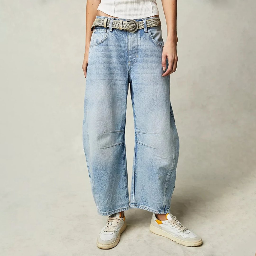 Women's High-Rise Barrel Leg Relaxed Fit Acid-Wash Jeans - Light Blue