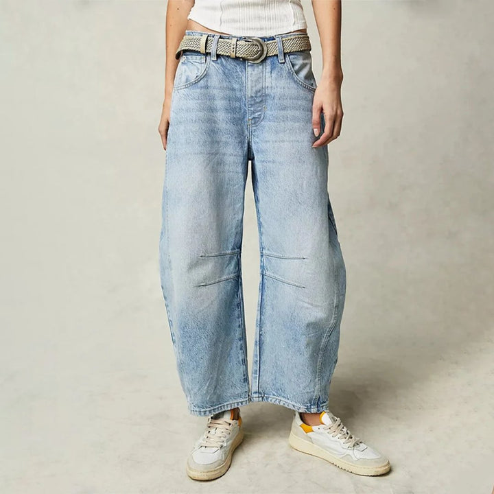 Women's High-Rise Barrel Leg Relaxed Fit Acid-Wash Jeans - Light Blue