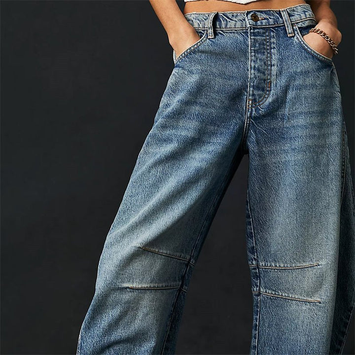 Women's High-Rise Barrel Leg Relaxed Fit Acid-Wash Jeans