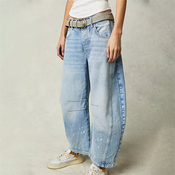 Women's High-Rise Barrel Leg Relaxed Fit Acid-Wash Jeans