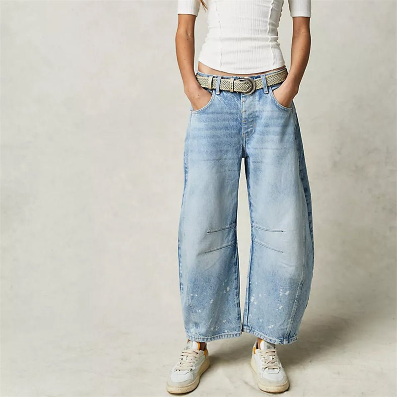 Women's High-Rise Barrel Leg Relaxed Fit Acid-Wash Jeans