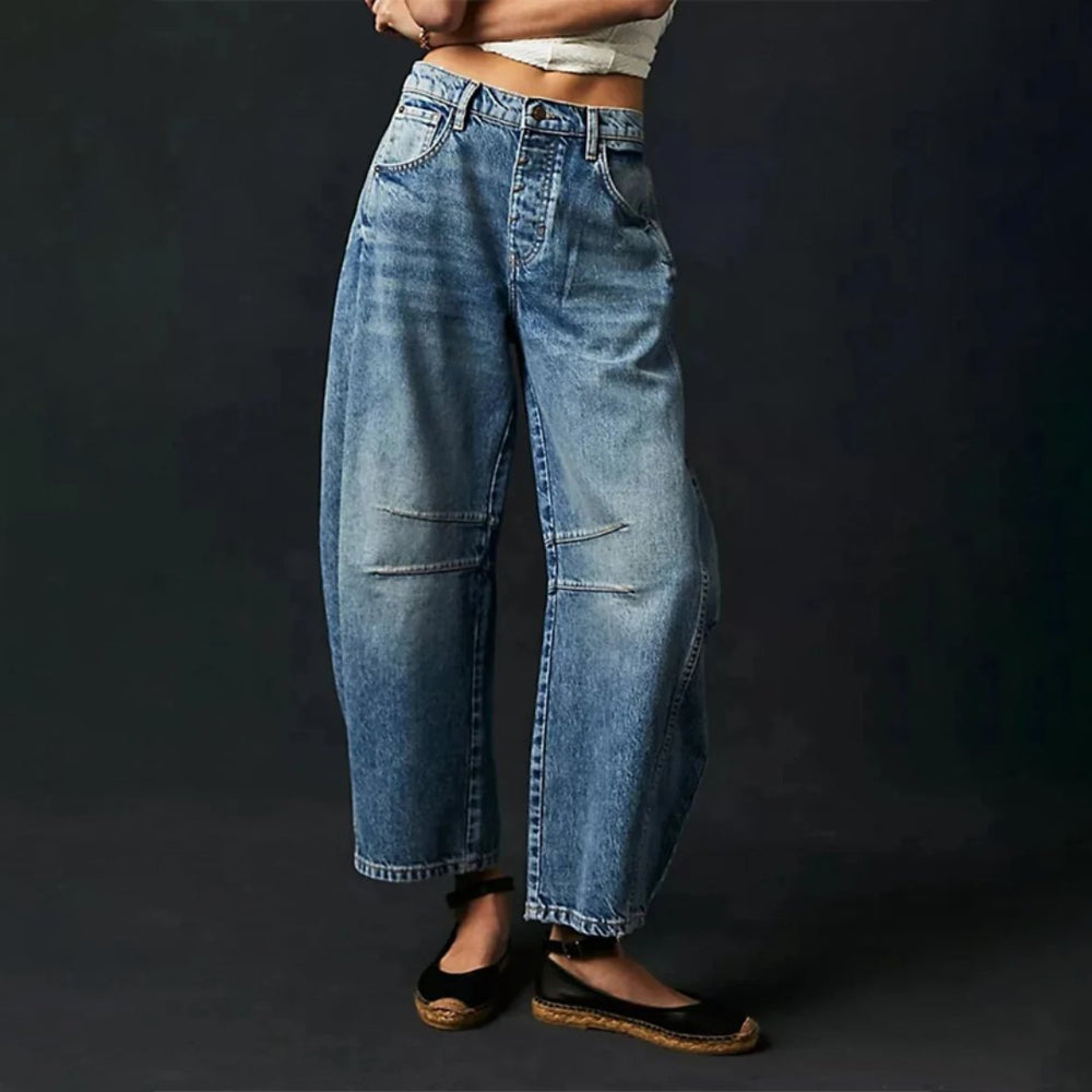 Women's High-Rise Barrel Leg Relaxed Fit Acid-Wash Jeans - Dark Blue