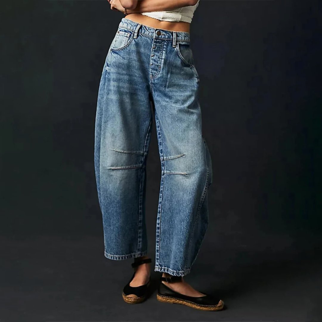 Women's High-Rise Barrel Leg Relaxed Fit Acid-Wash Jeans - Dark Blue