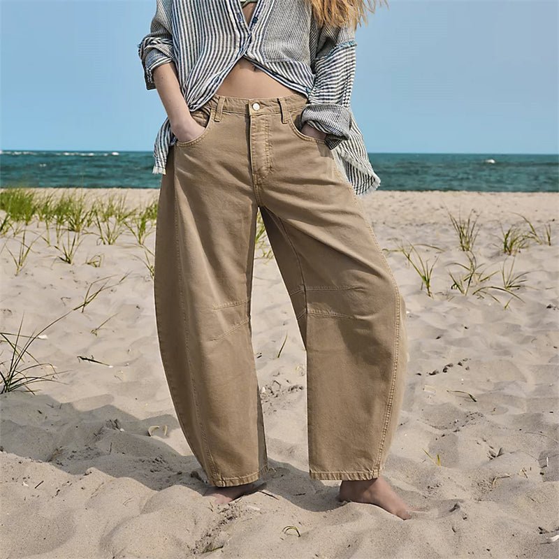 Women's High-Rise Barrel Leg Relaxed Fit Acid-Wash Jeans - Beige