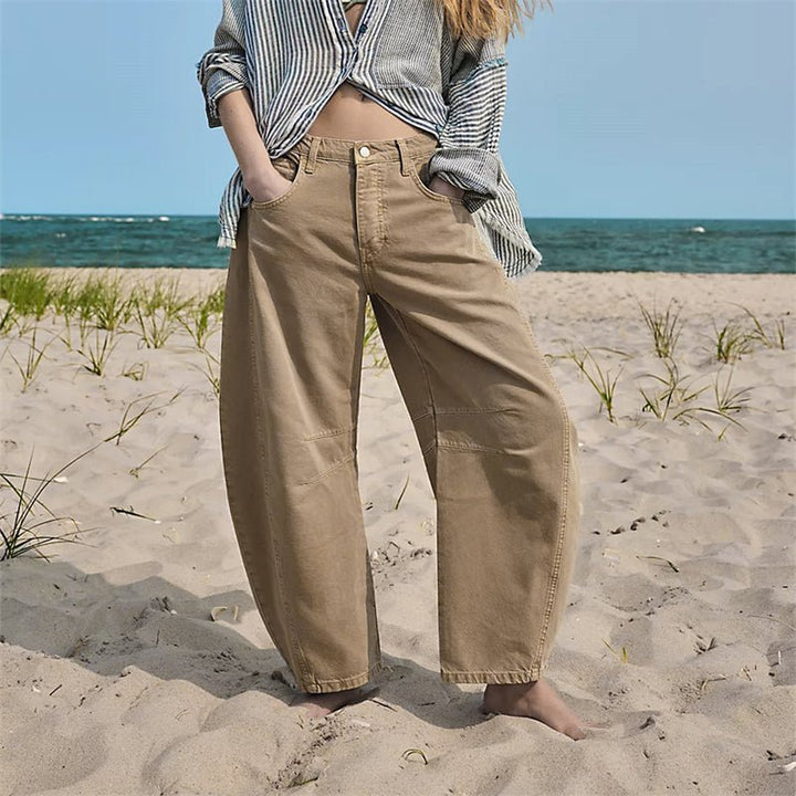 Women's High-Rise Barrel Leg Relaxed Fit Acid-Wash Jeans - Beige