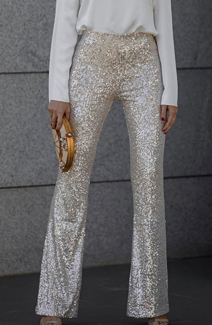 Women's High-Rise Flared Sequin Trousers Party Pants - Champagne