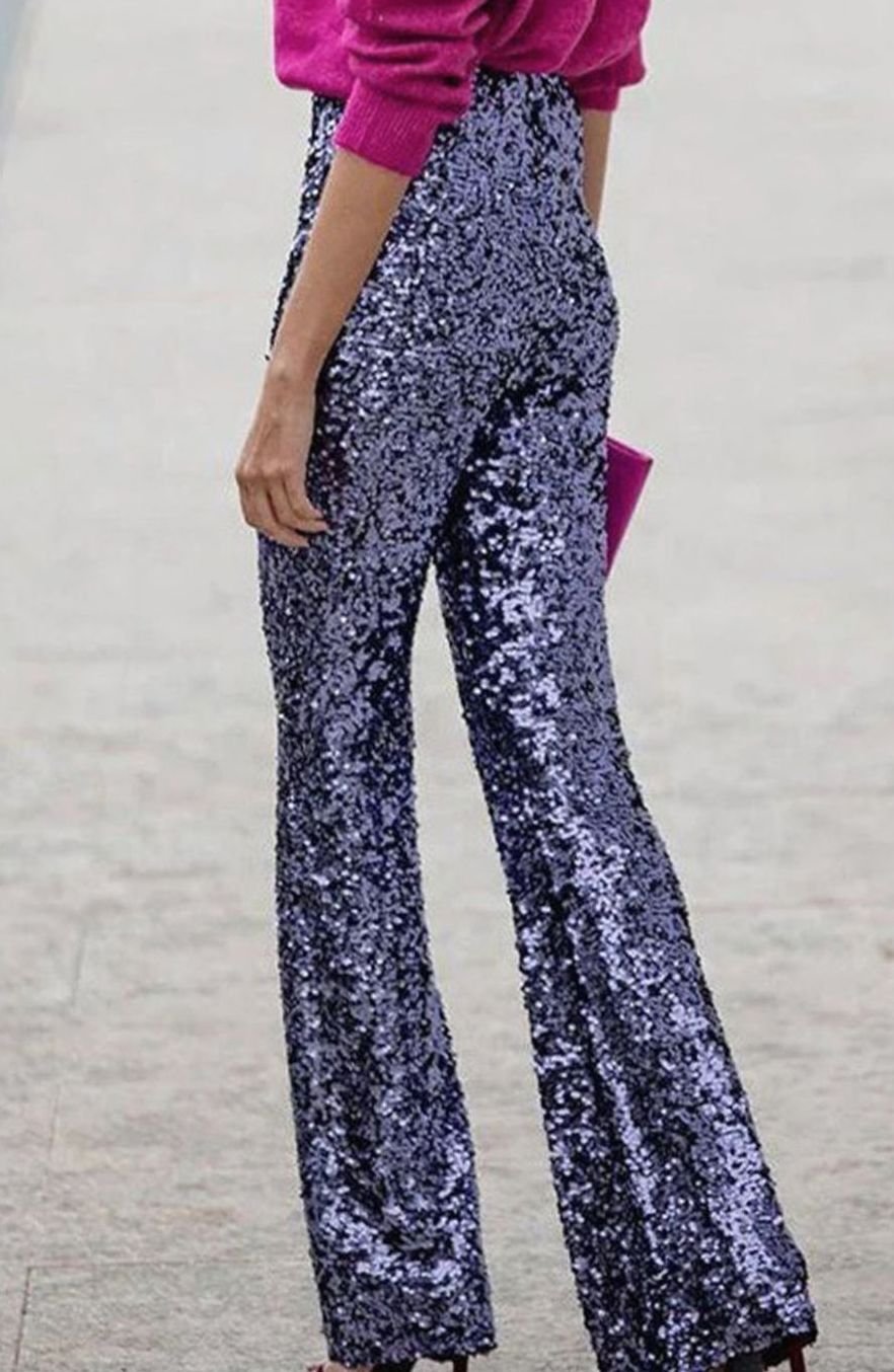 Women's High-Rise Flared Sequin Trousers Party Pants - Dark Blue