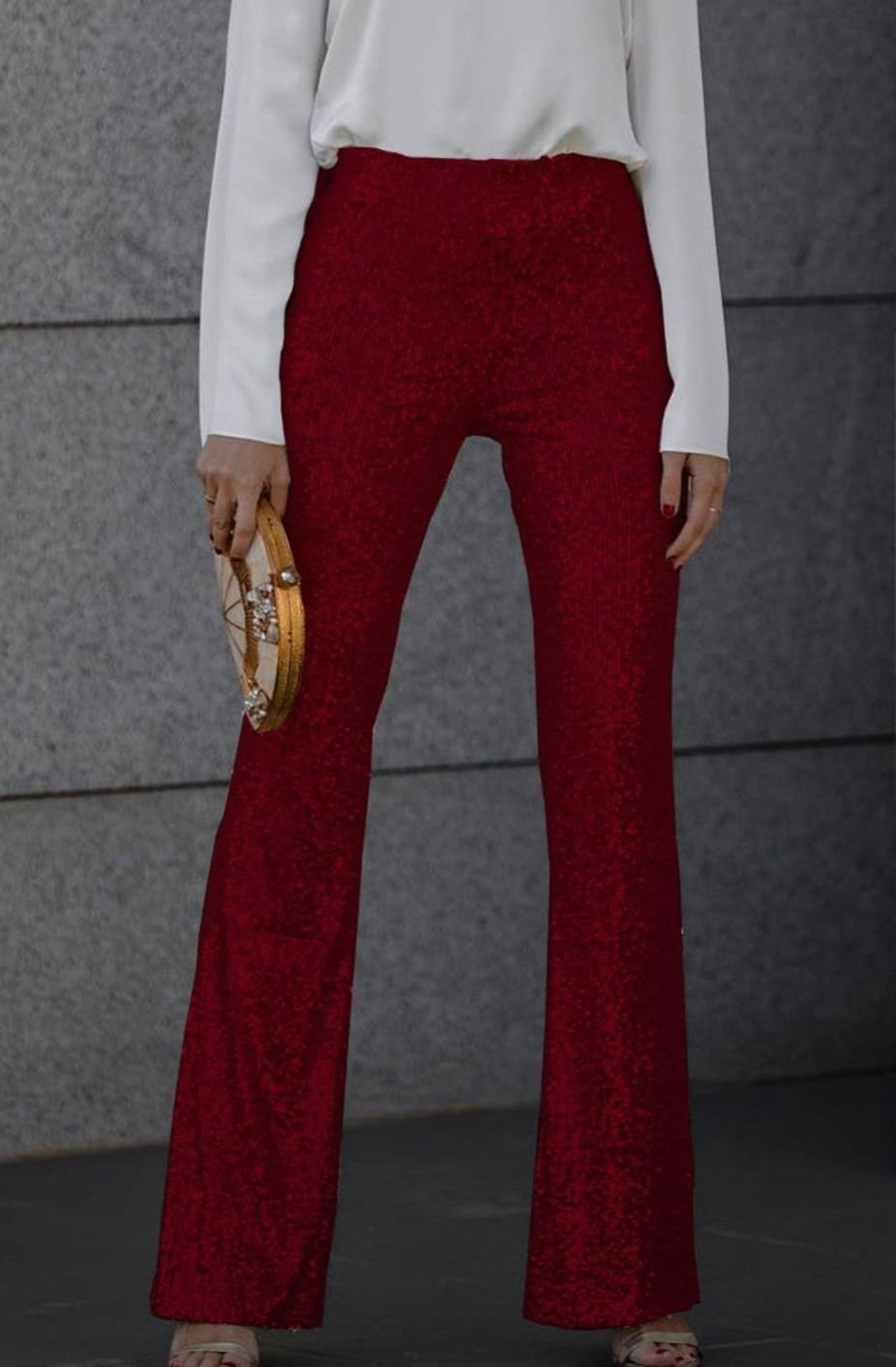 Women's High-Rise Flared Sequin Trousers Party Pants - Wine Red