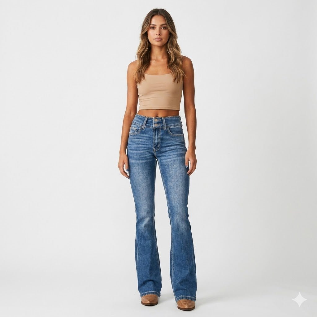 Women's High-Waist Flare Jeans Sculpting Denim Pants - Blue