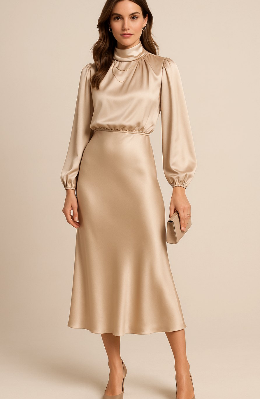 Women's High-Waist Mock-Neck Satin Long-Sleeve Midi Dress - Apricot