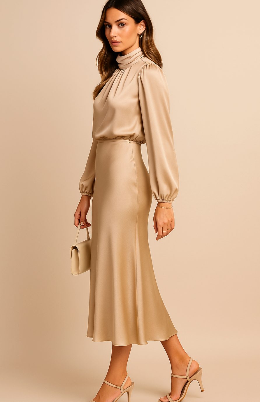 Women's High-Waist Mock-Neck Satin Long-Sleeve Midi Dress