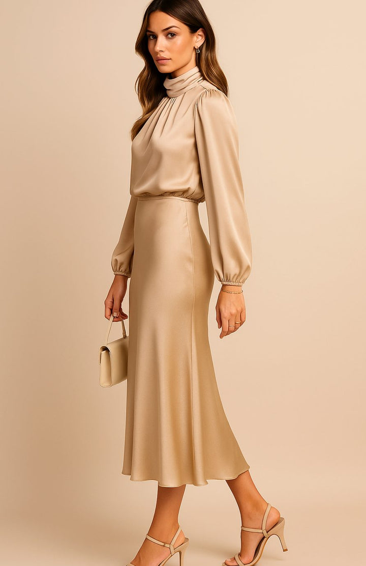 Women's High-Waist Mock-Neck Satin Long-Sleeve Midi Dress