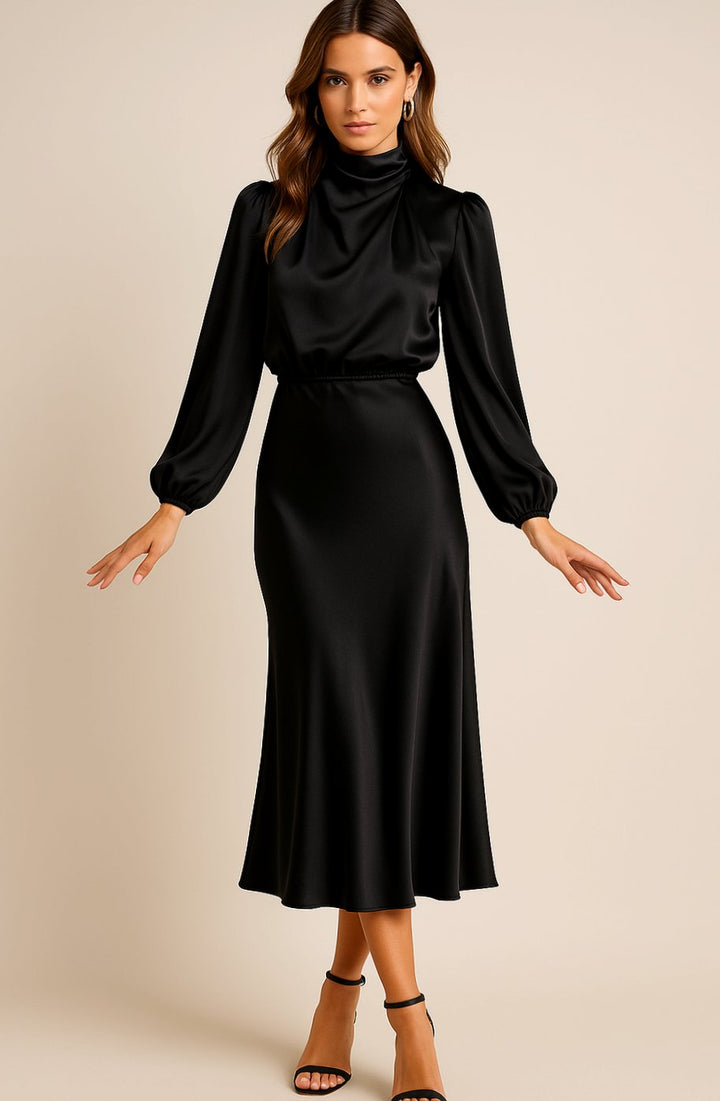 Women's High-Waist Mock-Neck Satin Long-Sleeve Midi Dress - Black