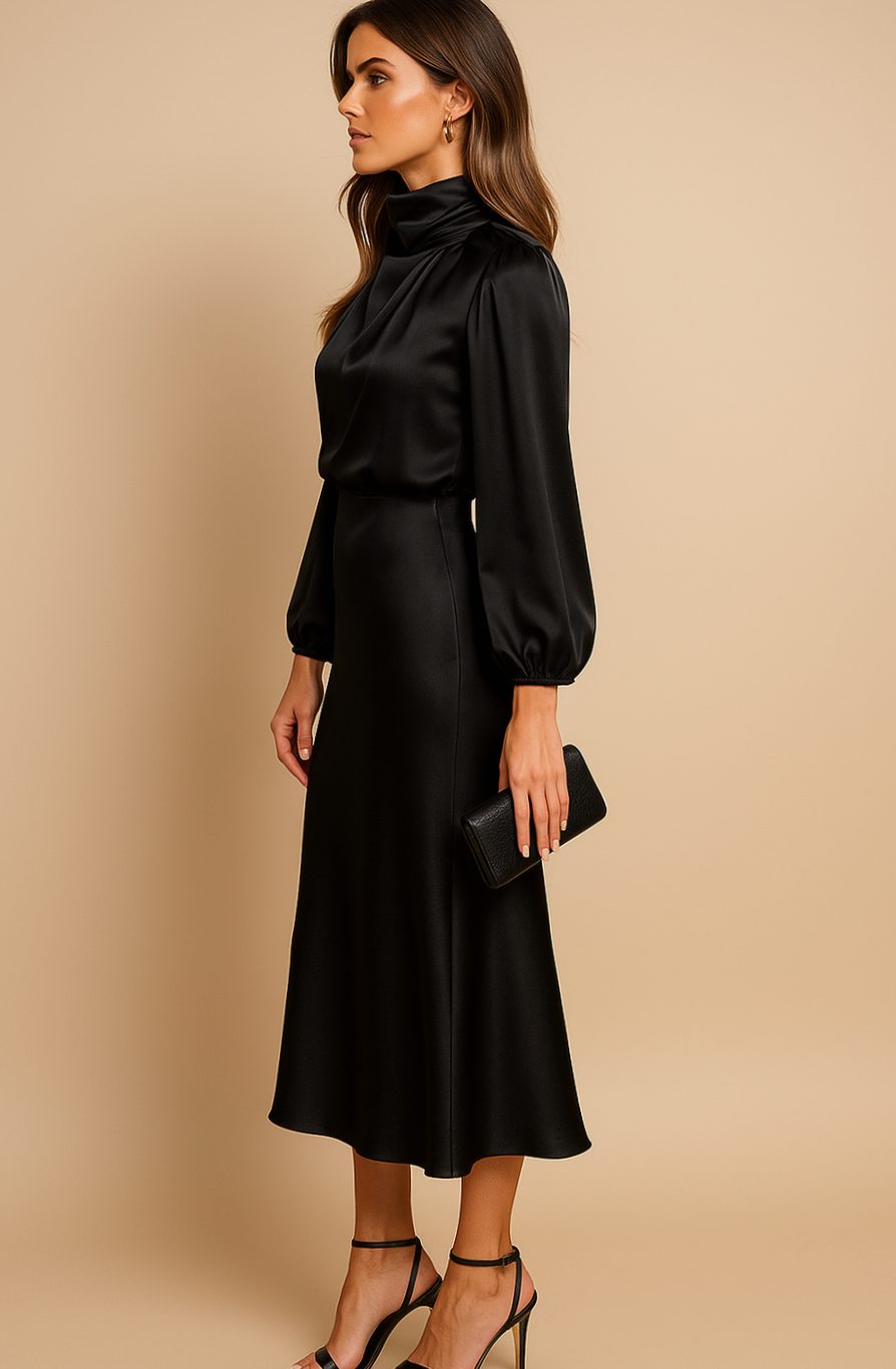 Women's High-Waist Mock-Neck Satin Long-Sleeve Midi Dress