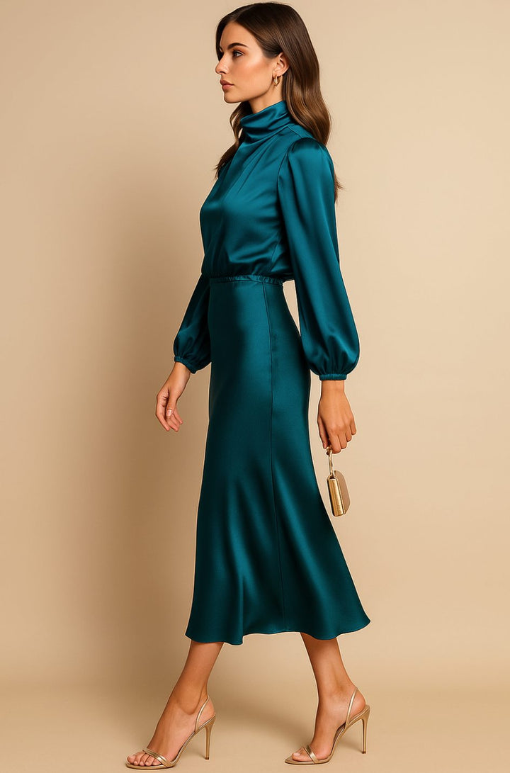 Women's High-Waist Mock-Neck Satin Long-Sleeve Midi Dress - Blue