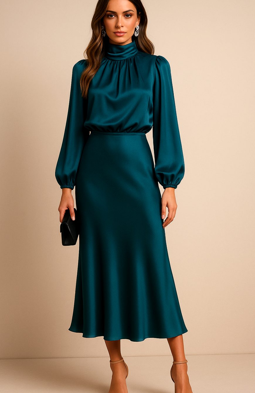 Women's High-Waist Mock-Neck Satin Long-Sleeve Midi Dress