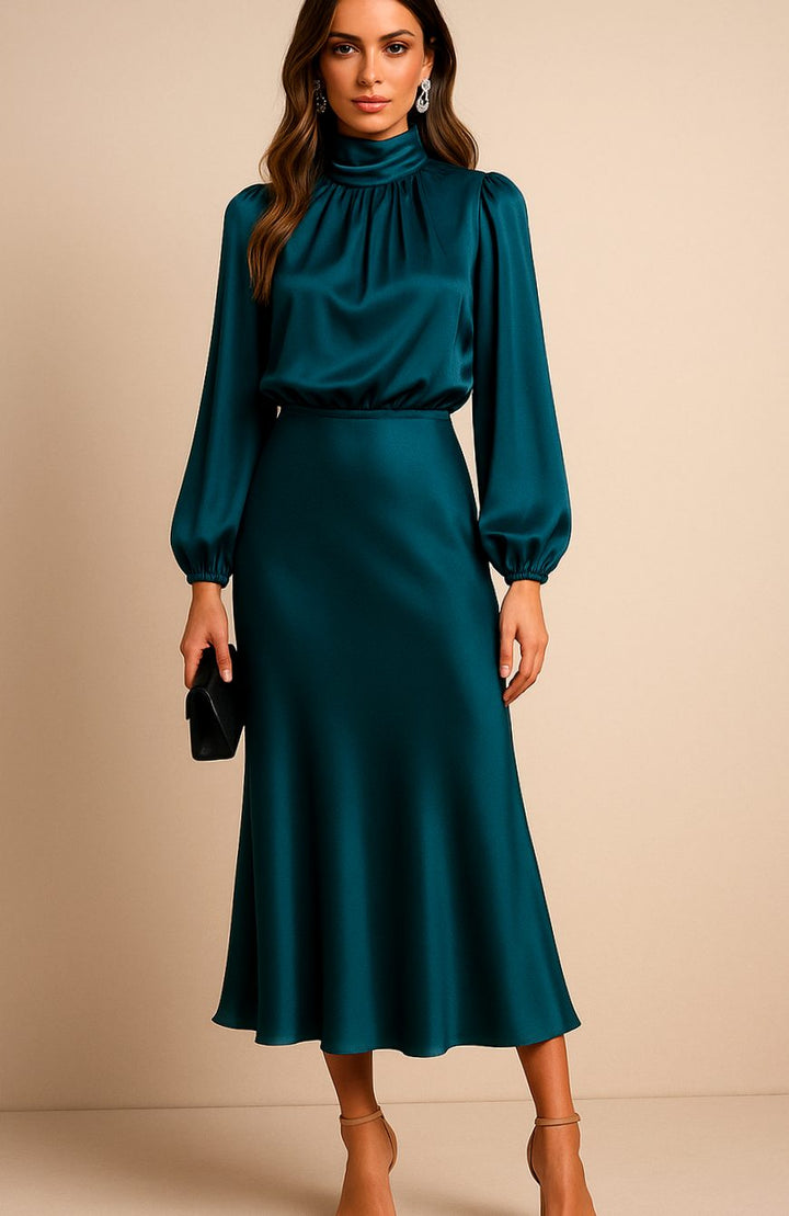 Women's High-Waist Mock-Neck Satin Long-Sleeve Midi Dress