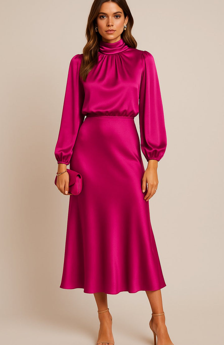 Women's High-Waist Mock-Neck Satin Long-Sleeve Midi Dress - Pink