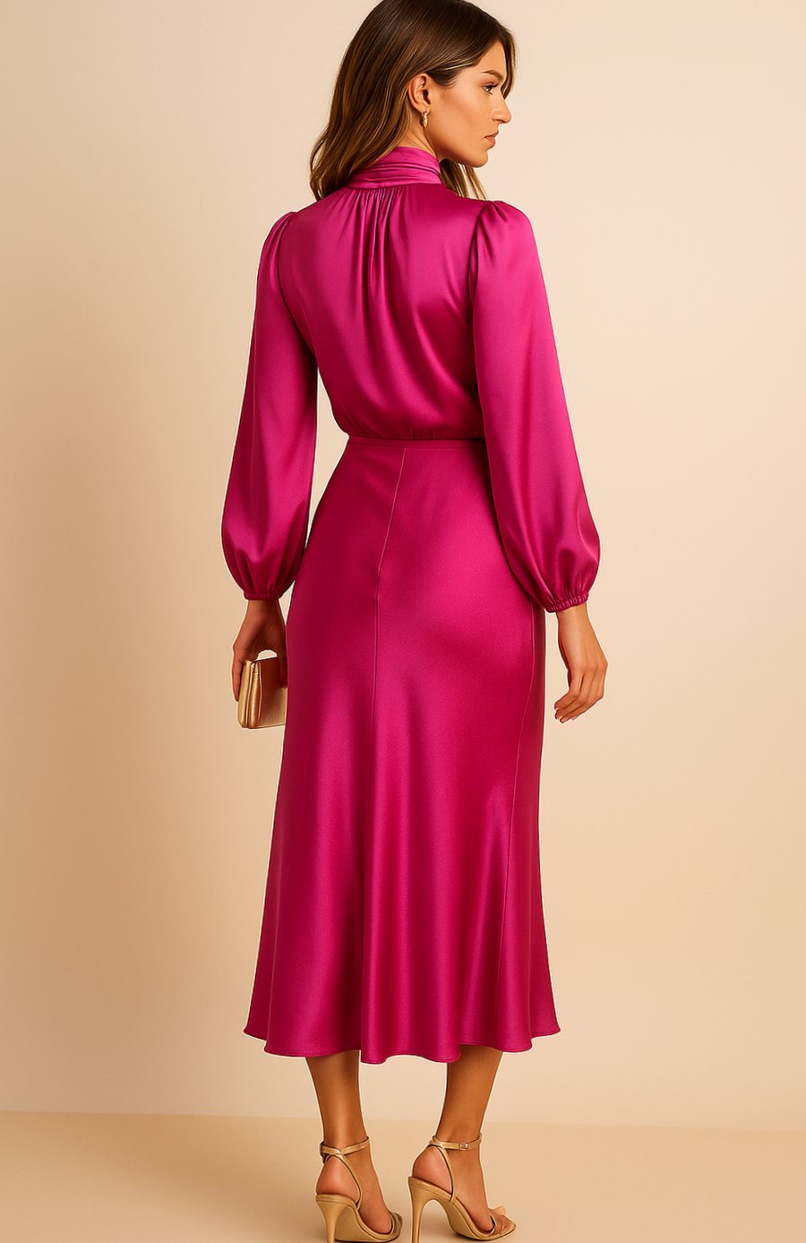 Women's High-Waist Mock-Neck Satin Long-Sleeve Midi Dress