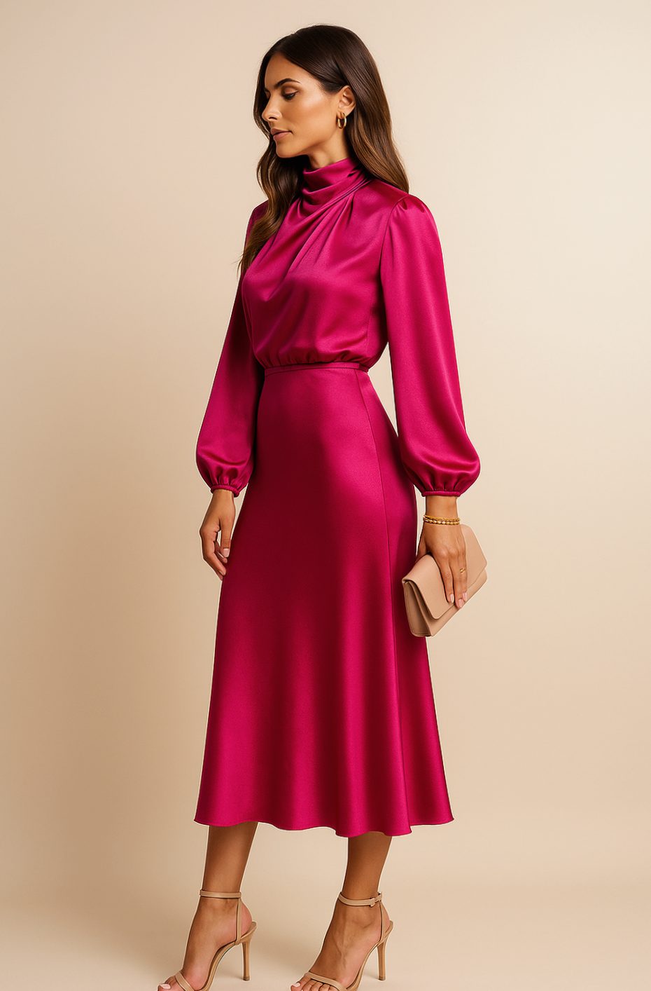 Women's High-Waist Mock-Neck Satin Long-Sleeve Midi Dress