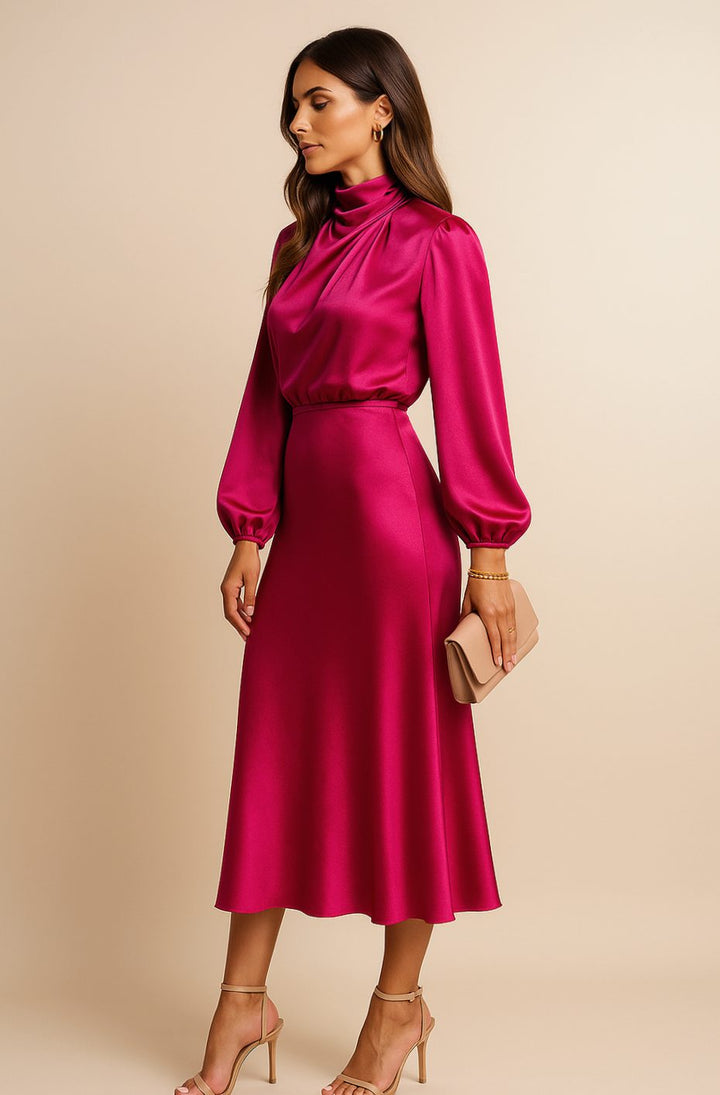 Women's High-Waist Mock-Neck Satin Long-Sleeve Midi Dress
