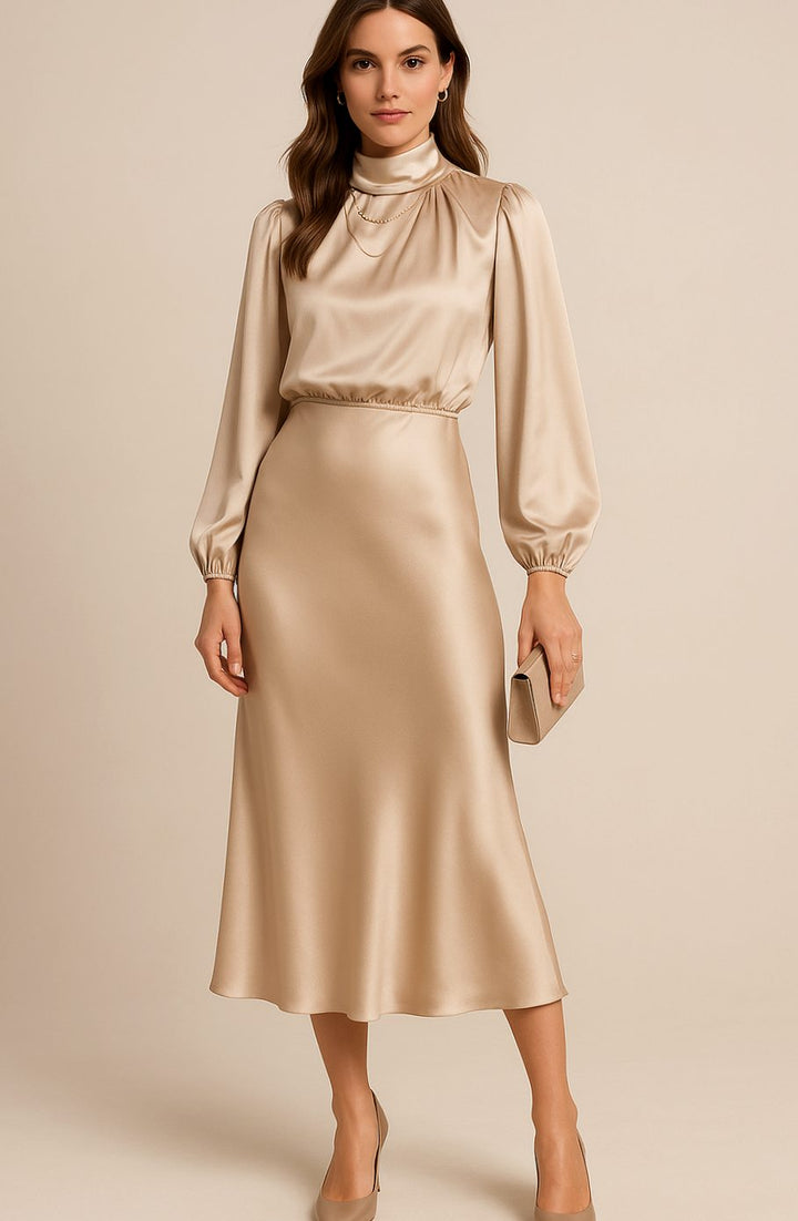 Women's High-Waist Mock-Neck Satin Long-Sleeve Midi Dress