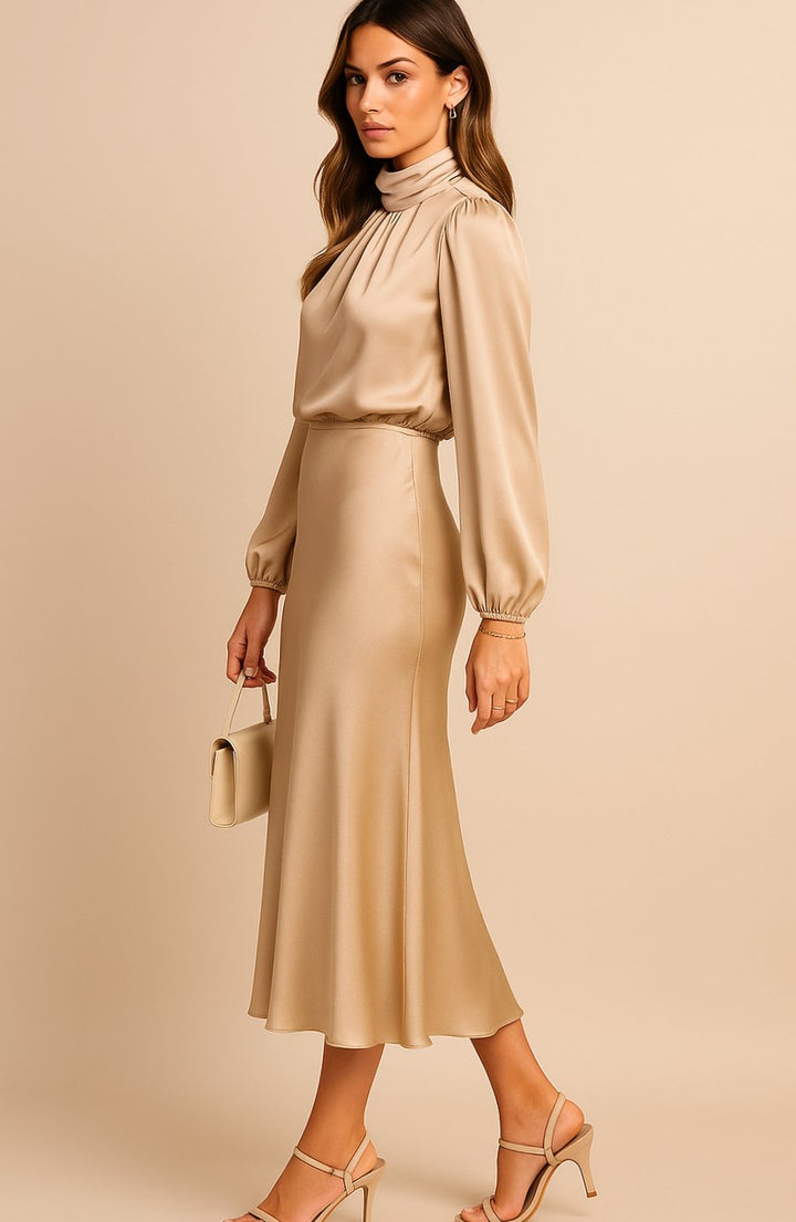 Women's High-Waist Mock-Neck Satin Long-Sleeve Midi Dress